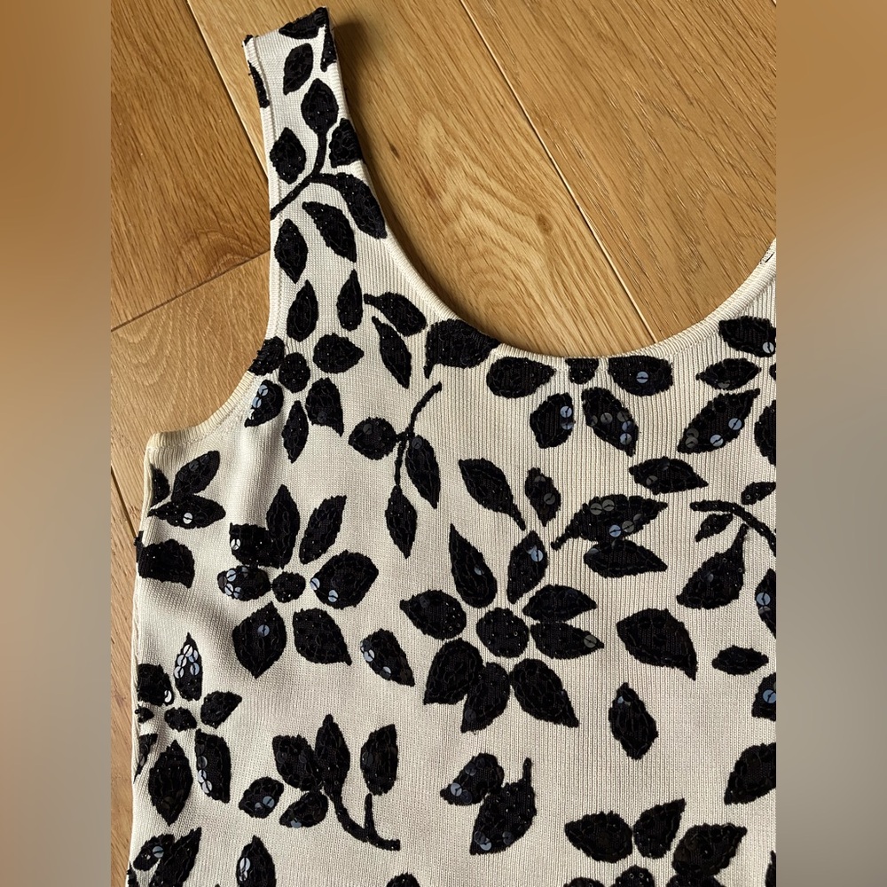 Vintage Ann Taylor Tank Sleeveless Silk Sweater with Black Floral Print Sz Small